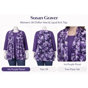 Susan Graver Womens 3X Chiffon Vest & Liquid Knit Top Iris Purple Floral A216241